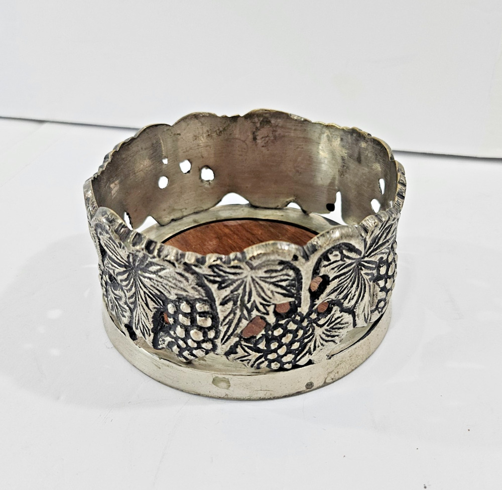 Vintage Silver Metal Wine Champagne Bottle Holder Coaster Wood Bottom Grapes MCM